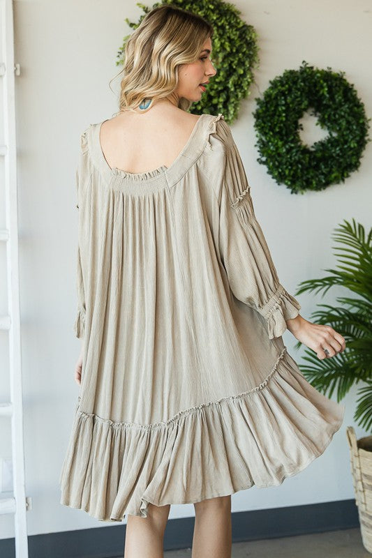WASHED SCOOP NECK RUFFLE HEM BABYDOLL DRESS