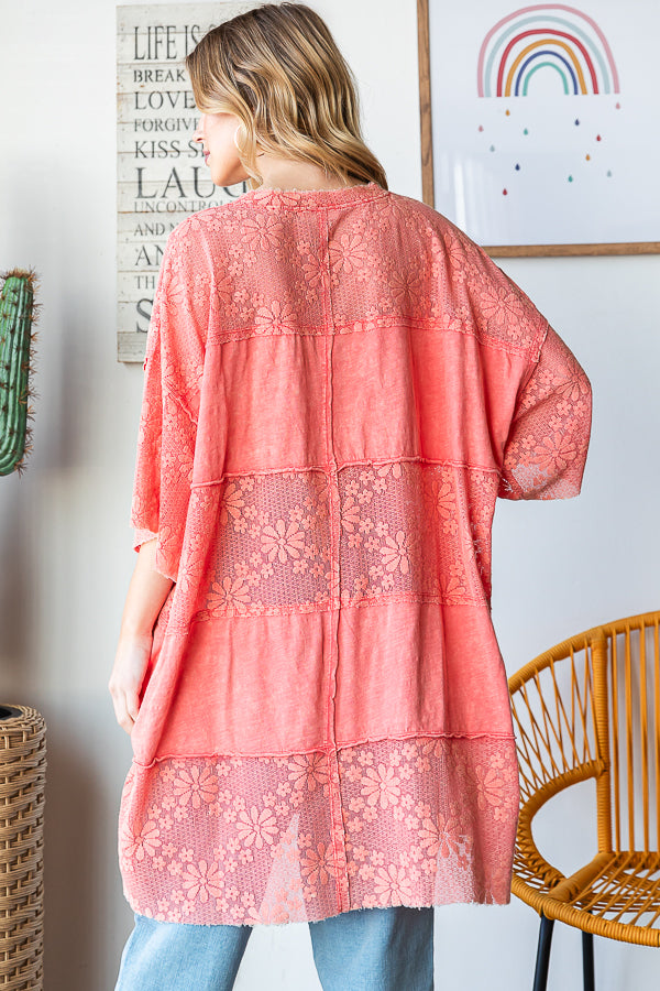 LACE MIX MEDIA SHORT SLEEVE FRAYED HEM BOXY TOP