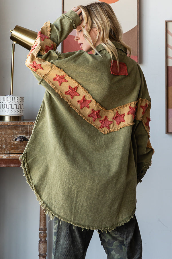 WASHED STAR PATCHWORK BUTTON DOWN SHACKET