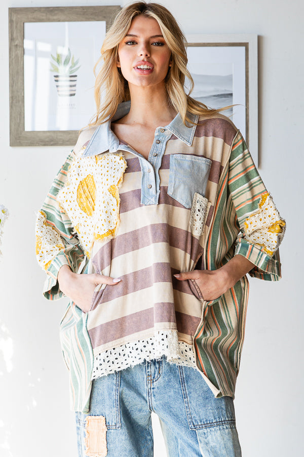 FLOWER PATCHWORK MULTICOLOR STRIPED TOP