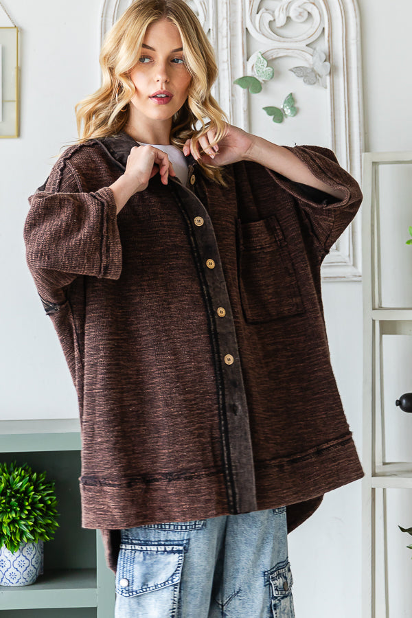 WASHED MIX MEDIA COLLAR NECK OVERSIZED SHIRT