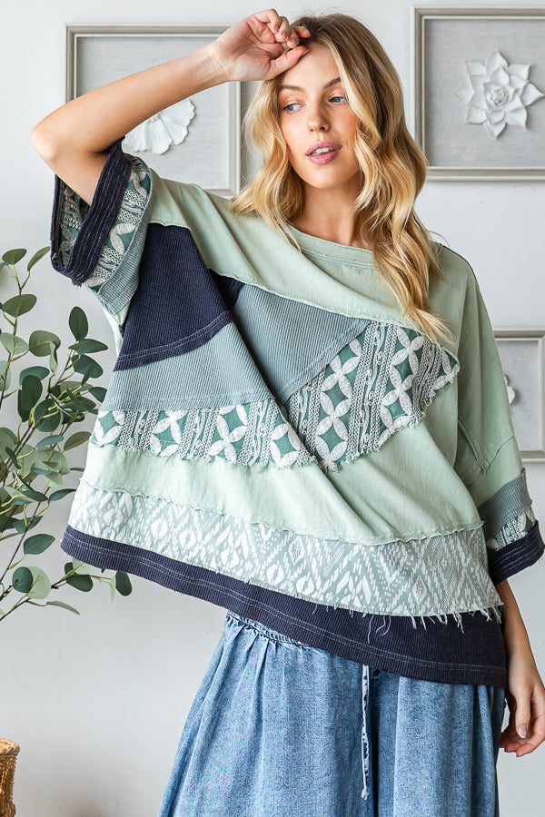 WASHED FABRIC MIXED SHORT SLEEVE TOP