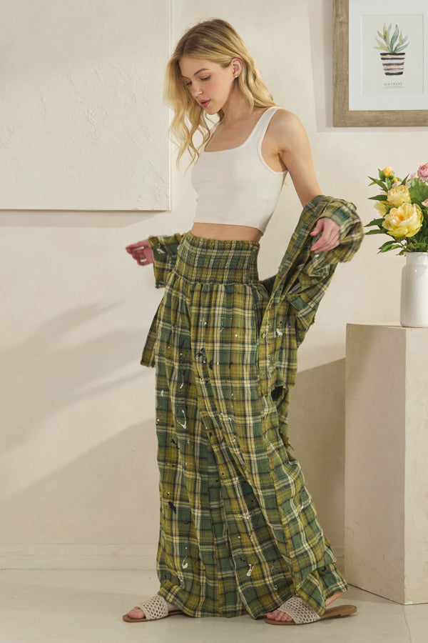 WASHED PLAID SMOCKED WAIST WIDE LEG PANTS