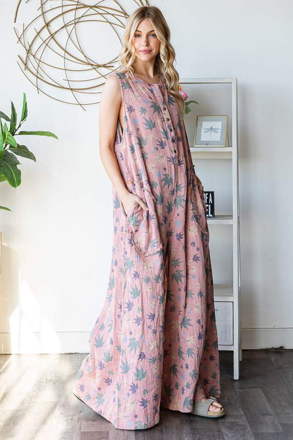 WASHED SLEEVELESS PRINTED REVERSIBLE JUMPSUIT