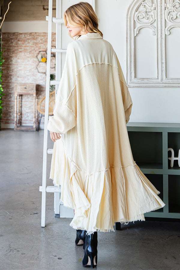 WASHED WAFFLE LONGLINE RUFFLE HEM SHIRT