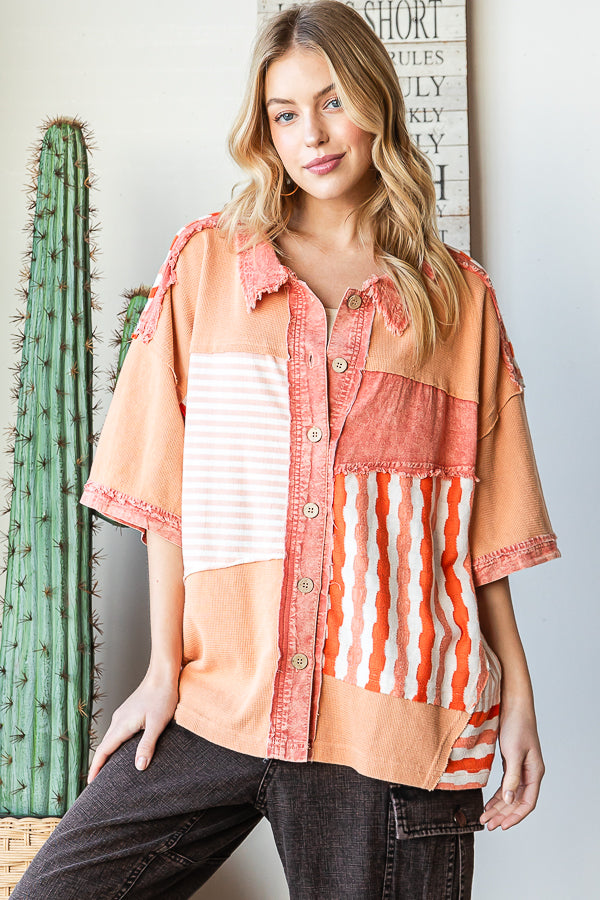 WASHED COLORBLOCK CONTRAST SHORT SLEEVE SHIRT