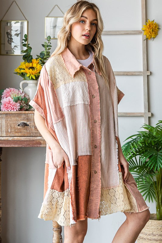 MIX MEDIA MINERAL WASHED SHORT SLEEVE SHIRT DRESS
