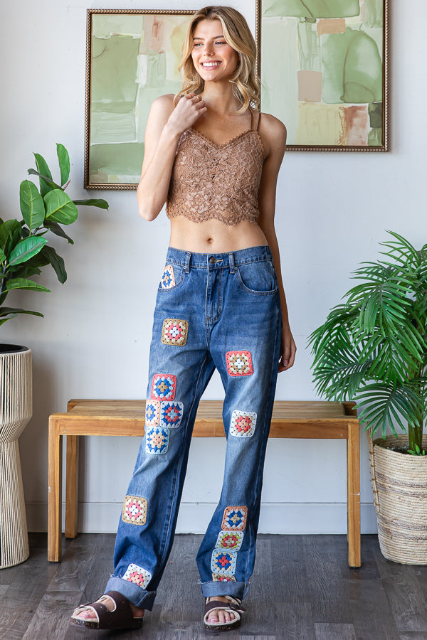 WASHED SQUARE CROCHET PATCHWORK DENIM JEANS