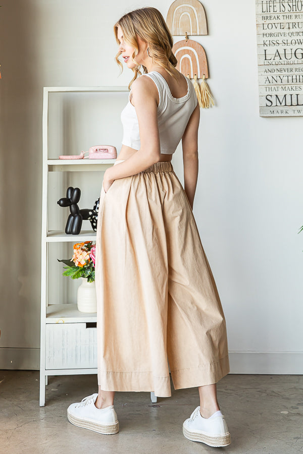 WASHED PLEATED DETAIL WIDE LEG CROPPED PANTS