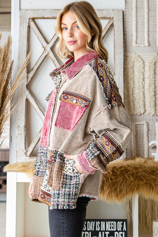 WASHED MIX MEDIA POCKET CROPPED CORDUROY SHACKET