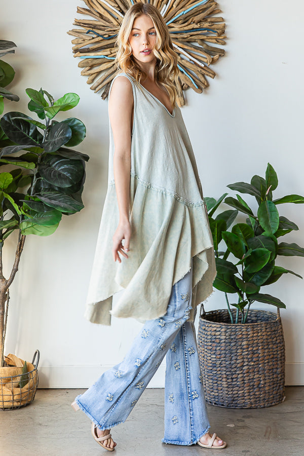 WASHED MIX MEDIA ASYMMETRICAL HEM TUNIC DRESS