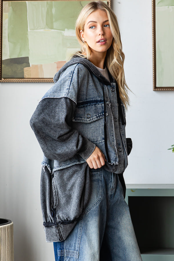 WASHED COLORBLOCK HOODED BUTTON DOWN JACKET