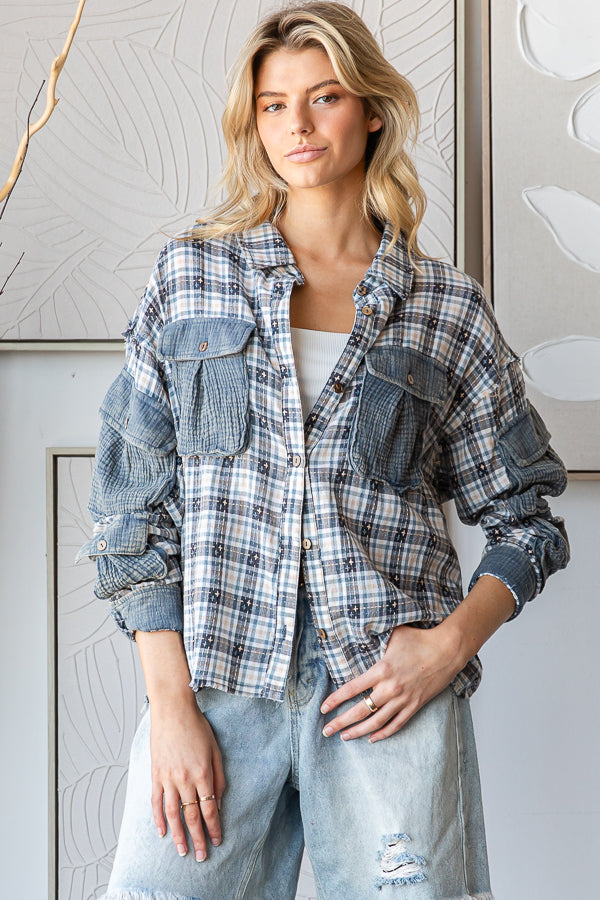WASHED PLAID CONTRAST 3D POCKETS BUTTON DOWN SHIRT