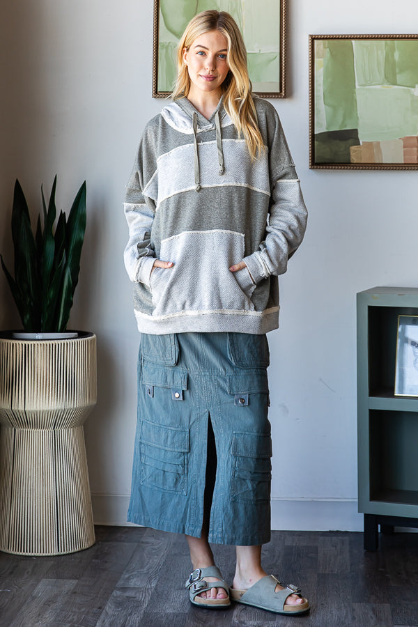 CONTRAST PATCHWORK DRAWSTRING HOODED TOP