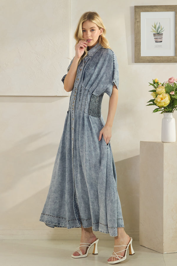 WASHED SMOCKED WAIST BUTTON DOWN TENCEL DRESS