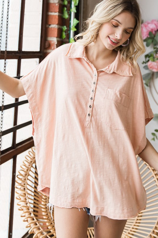 WASHED COLLARED V NECK SHORT SLEEVE OVERSIZED TOP