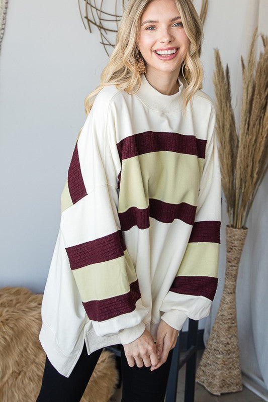 COLORBLOCK FUNNEL NECK LONG SLEEVE PULLOVER TOP