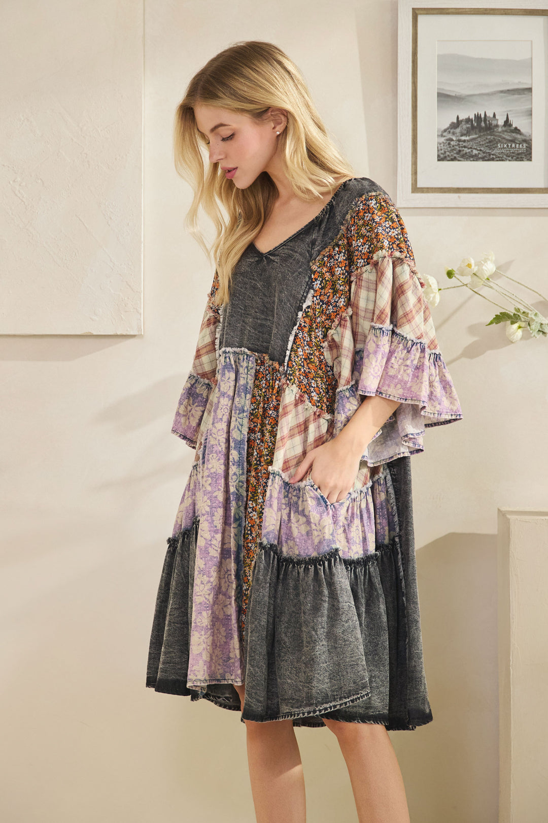WASHED MIX PRINTED TIERED RUFFLE TUNIC TOP