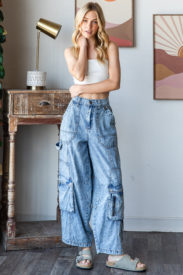WASHED 3D POCKETS WIDE LEG CARGO DENIM PANTS