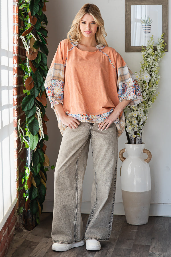 WASHED MULTI PRINT PATCHWORK OVERSIZED TOP