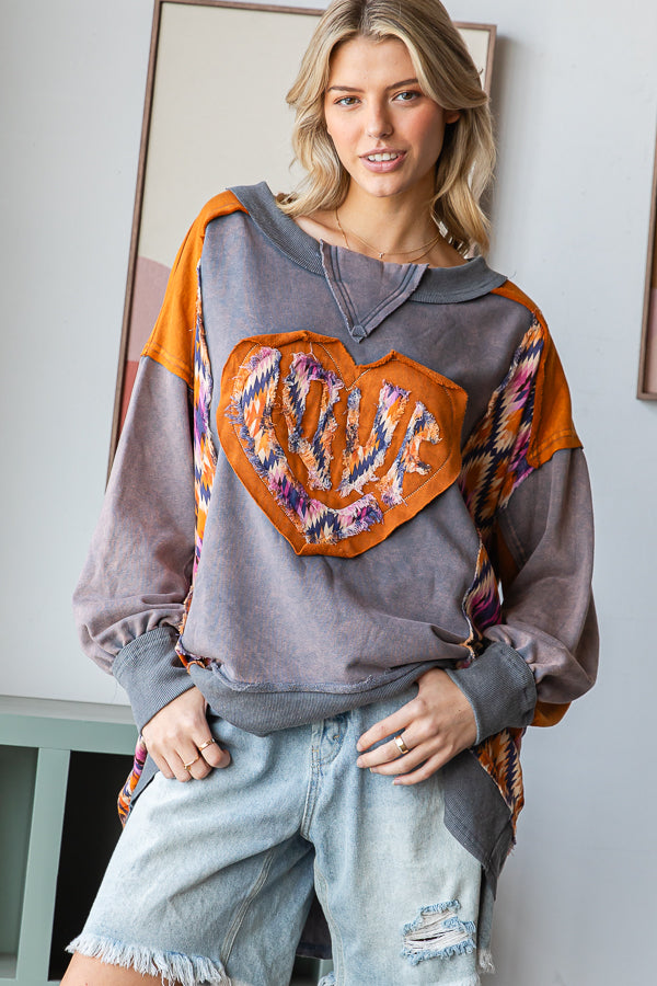 WASHED LOVE HEART PATCHWORK PULLOVER TOP