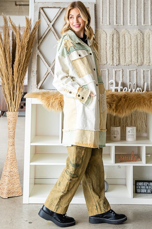 WASHED STAR PATCHWORK MIXED PLAID HOODED SHACKET