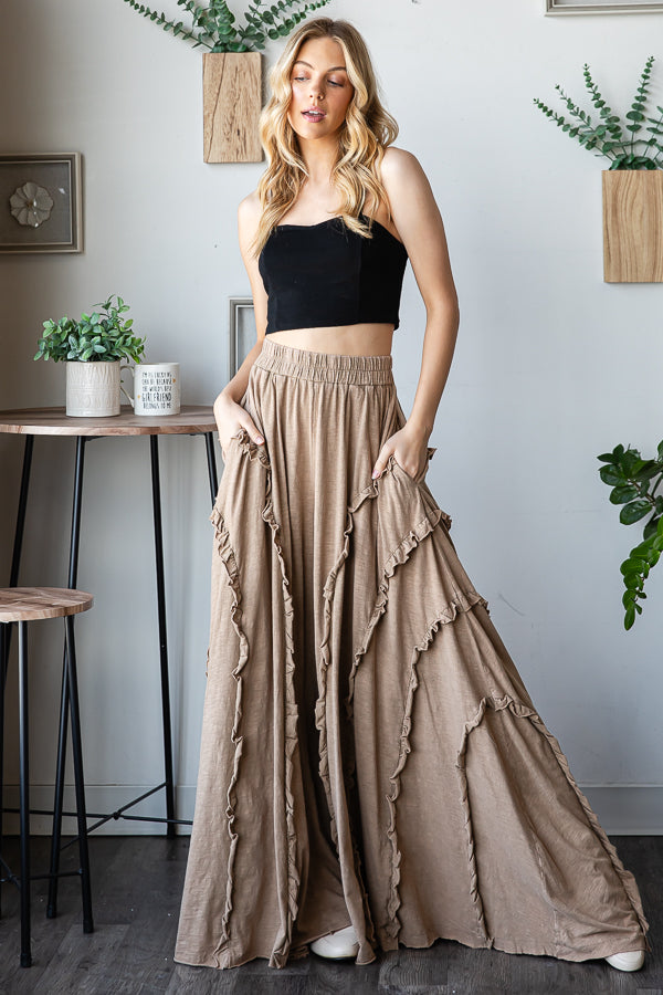 RUFFLE DETAIL WIDE LEG FLARE PANTS