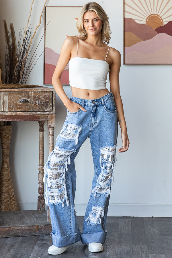 WASHED DISTRESSED SEQUENCE DENIM JEANS