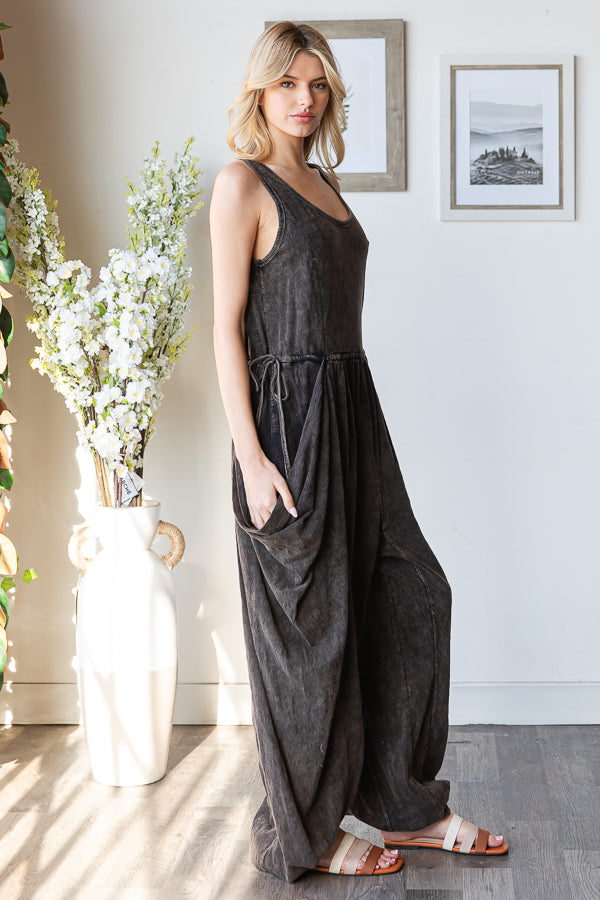 WASHED WIDE LEG DRAWSTRING DETAIL JUMPSUIT