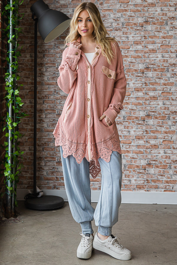WASHED LACE HEM BUTTON FRONT SHIRT