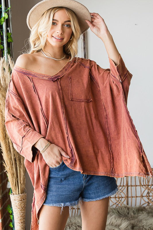 WIDE V NECK ASYMMETRICAL HEM OVERSIZED TOP