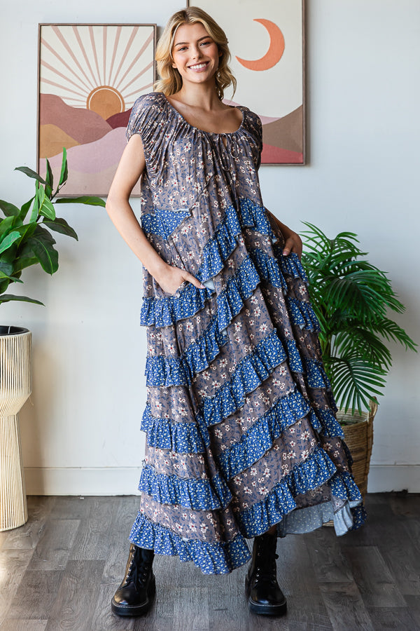 FLORAL PRINTED LAYERED RUFFLE MAXI DRESS