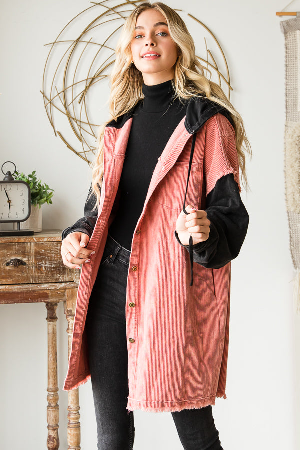 HOODED BUTTON DOWN CORDUROY JACKET