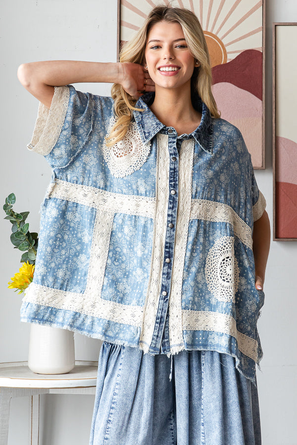 WASHED CROCHET PATCHWORK BUTTON DOWN SHIRT