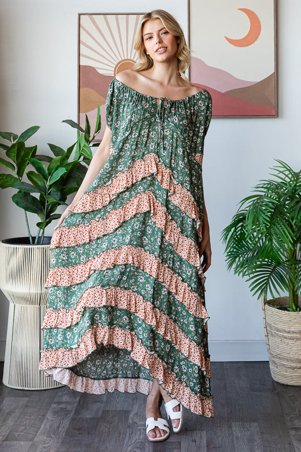 FLORAL PRINTED LAYERED RUFFLE MAXI DRESS
