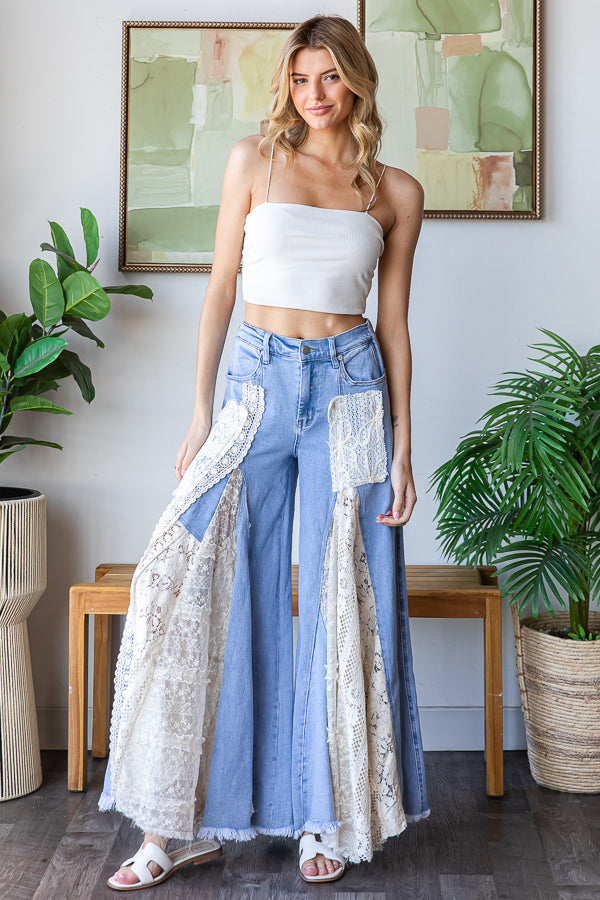 LACE INSERT DETAIL RUFFLE FLARE WIDE LEG PANTS