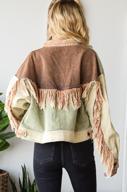 WASHED COLORBLOCK BUTTON DOWN FRINGE TWILL JACKET