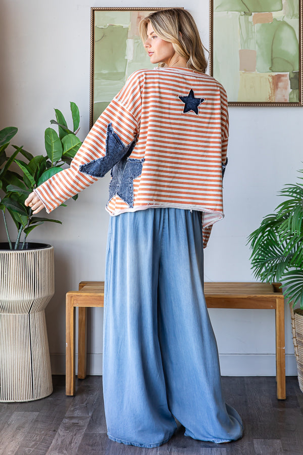 STAR PATCHWORK STRIPED DROP SHOULDER TOP