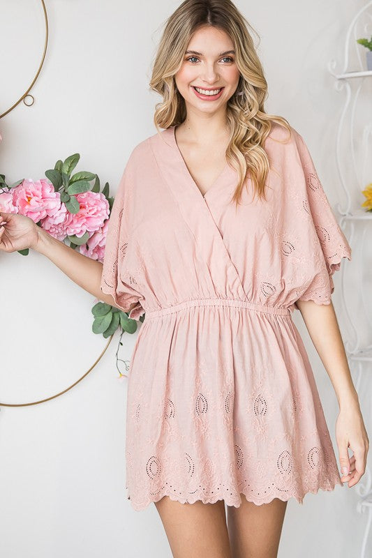 WASHED SURPLICE FRONT EYELET HEM PEPLUM BLOUSE