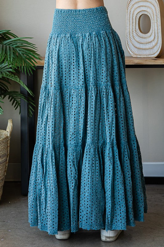 MINERAL WASHED EYELET TIERED MAXI SKIRT