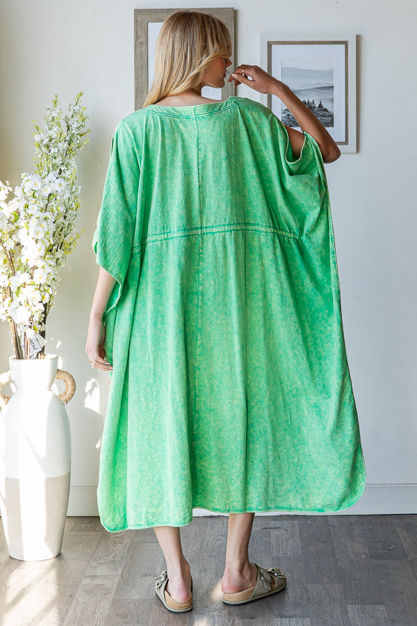 WASHED V NECK RUCHED WAIST COLD SHOULDER MAXI TOP