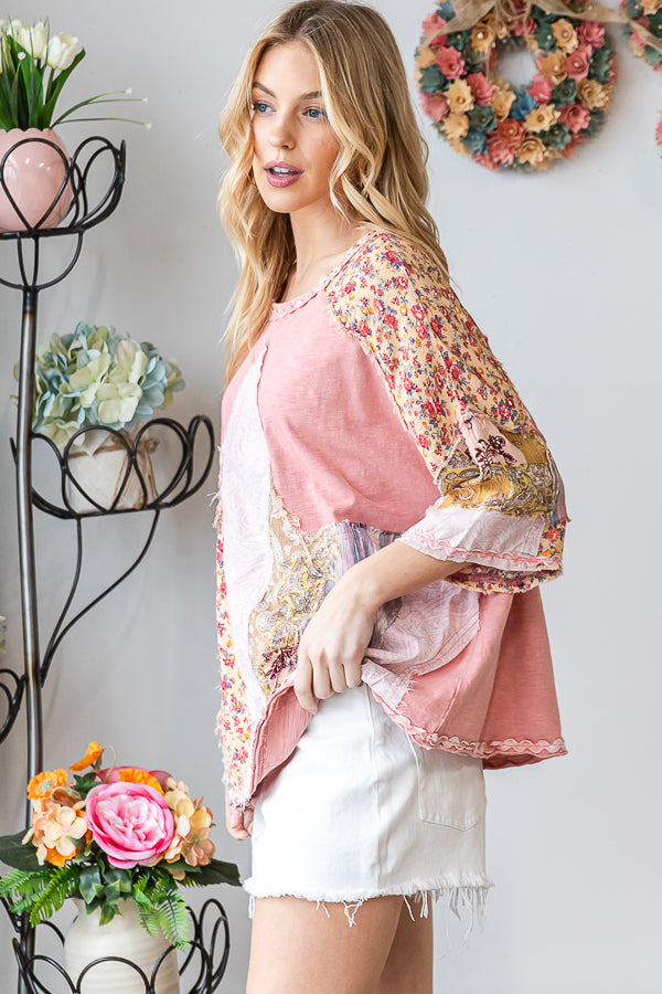 WASHED PRINT PATCHWORK SHORT SLEEVE TOP