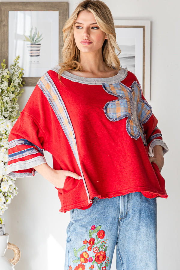 WASHED FLOWER PATCHWORK KNIT TOP