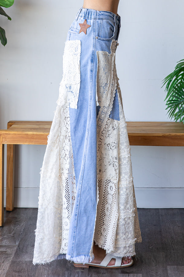 LACE INSERT DETAIL RUFFLE FLARE WIDE LEG PANTS