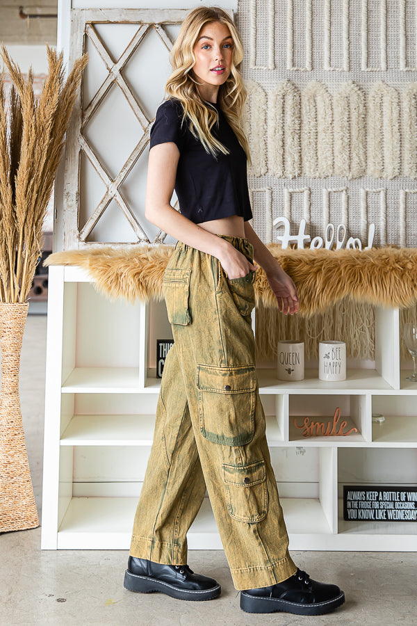 MINERAL WASHED DRAWSTRING WAIST CARGO PANTS