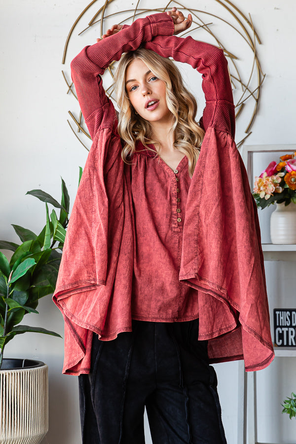 WASHED PLEATED DETAIL LONG SLEEVE FLARE TUNIC TOP