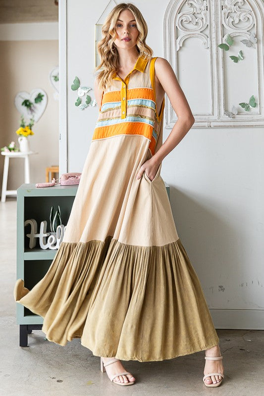 MIX MEDIA COLLAR V NECK SLEEVELESS MAXI DRESS