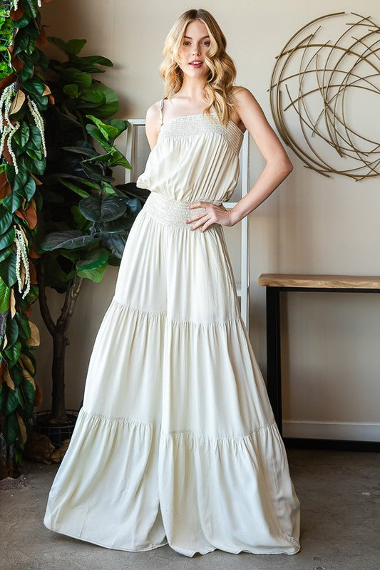 WASHED TIERED SMOCKED WAIST WIDE LEG JUMPSUIT