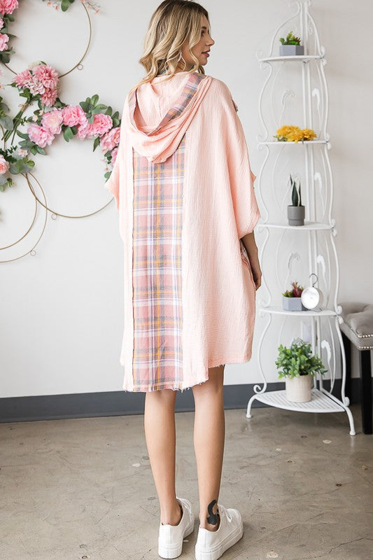 WASHED PLAID MIXED HOODED OVERSIZED TUNIC TOP