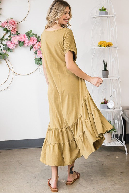WASHED RUFFLE TIERED HEM SHORT SLEEVE MIDI DRESS